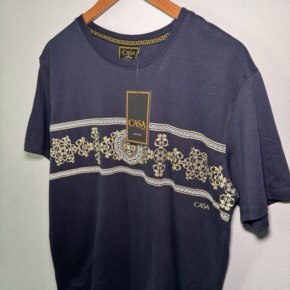 Casa Moda Couture Men’s Shirt Size Large Blue Versace Pattern Short Sleeves NWT - Picture 2 of 4